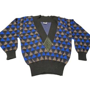 Stadick Modell Geometric‎ Deep V-Neck Sweater Women's 12 Wool Blend Retro